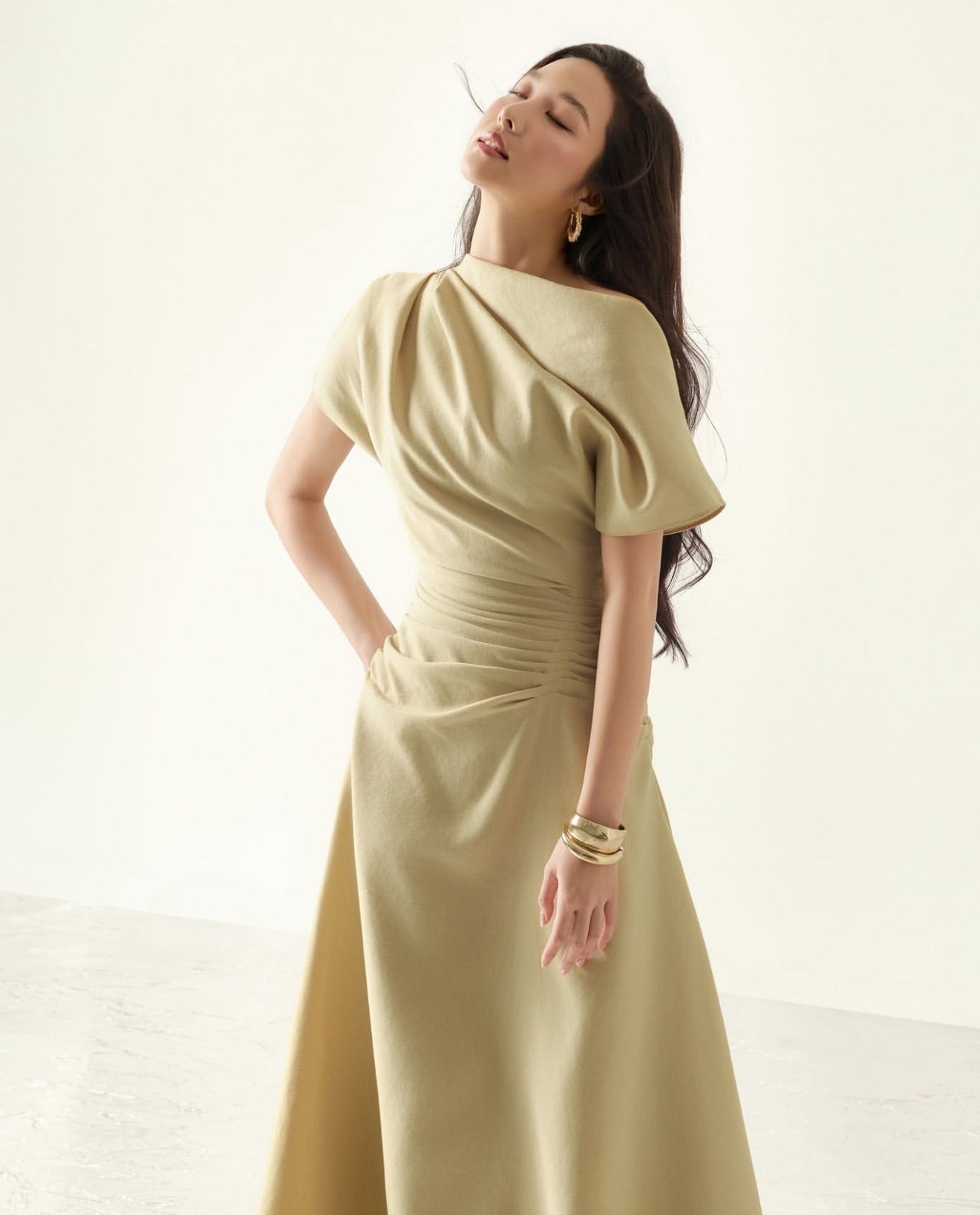Nude Structured Draping Midi Dress