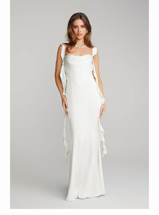 White Satin Mermaid Ruffle Strap Open-Back Willow Maxi Dress