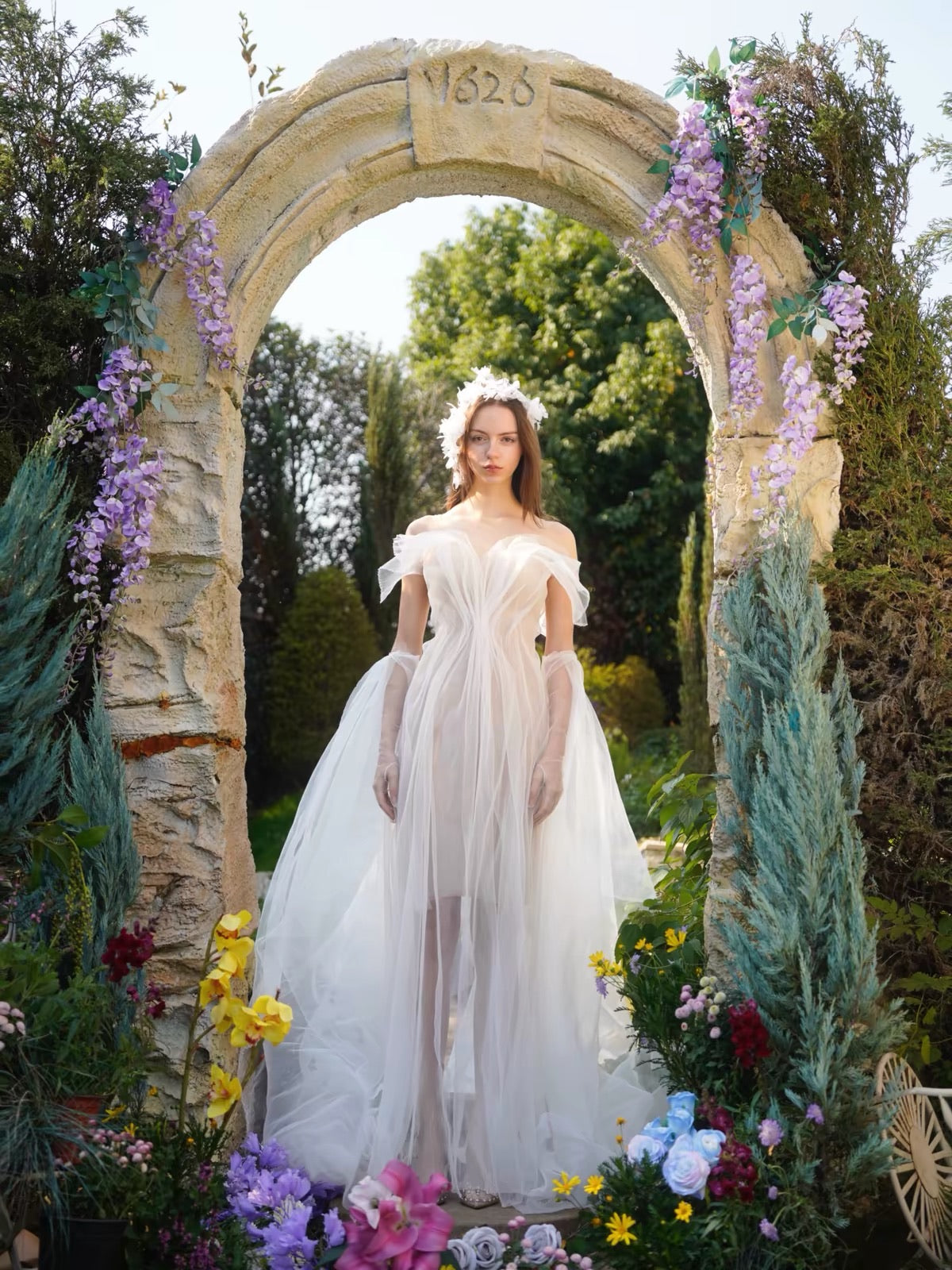 White Off Shoulder Tulle Flowy Maxi Dress
