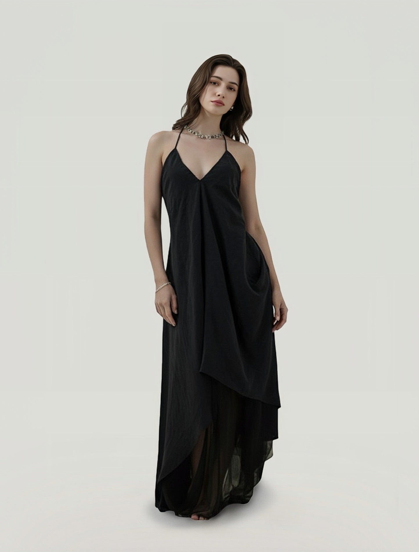 CROWCREW Dark Avant-Garde Vacation Black V-neck Maxi Dress