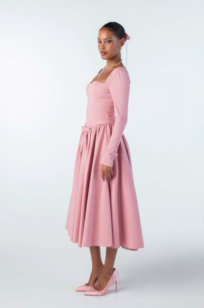 Nana Jacqueline Pink White Black Bow Long Sleeve Maxi Dress