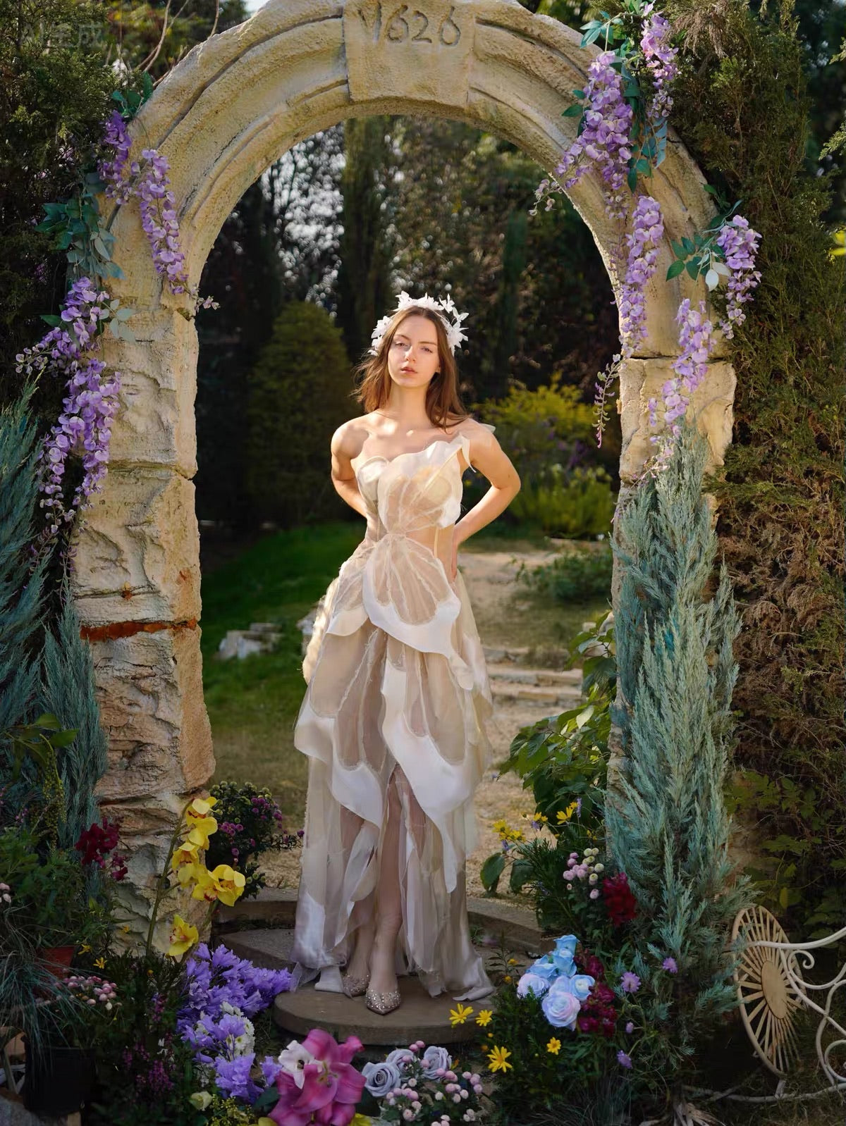 White 3D Petal Sheer Tulle Maxi Dress