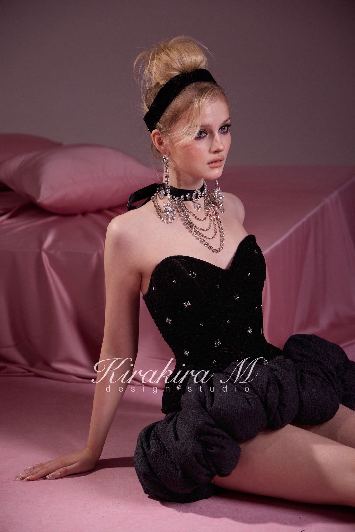 KIRAKIRA M Black Lightweight Quilted Beaded Top & Knitted Low-Waisted Bubble Skirt & Short