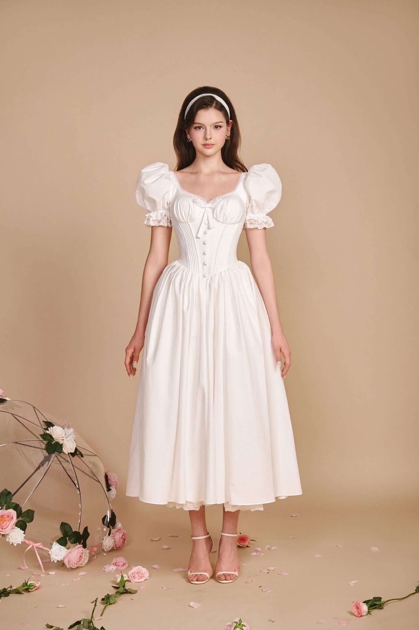 SISSY NATION Sweet Elegant Fairycore White Delina Corset Midi Dress