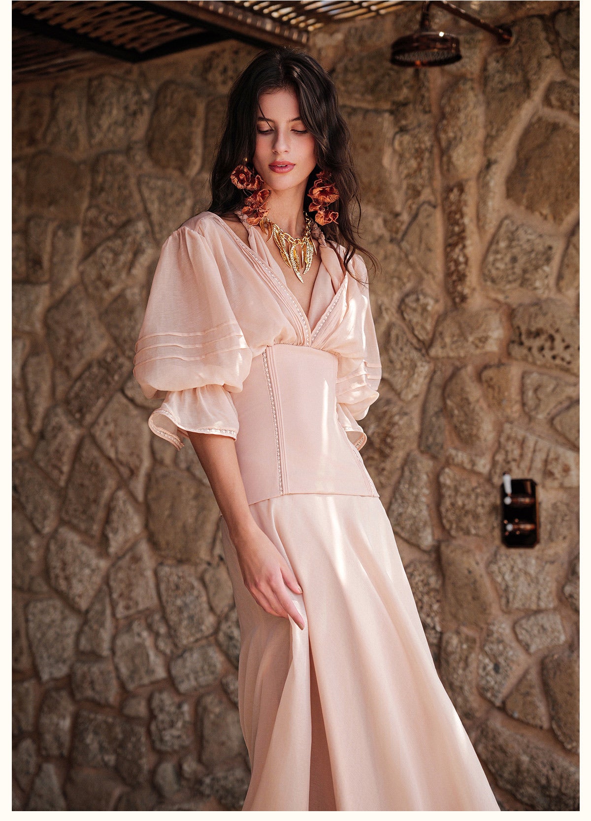 Sheerluck Elegant Vacation White Palazzo V-neck Maxi Dress