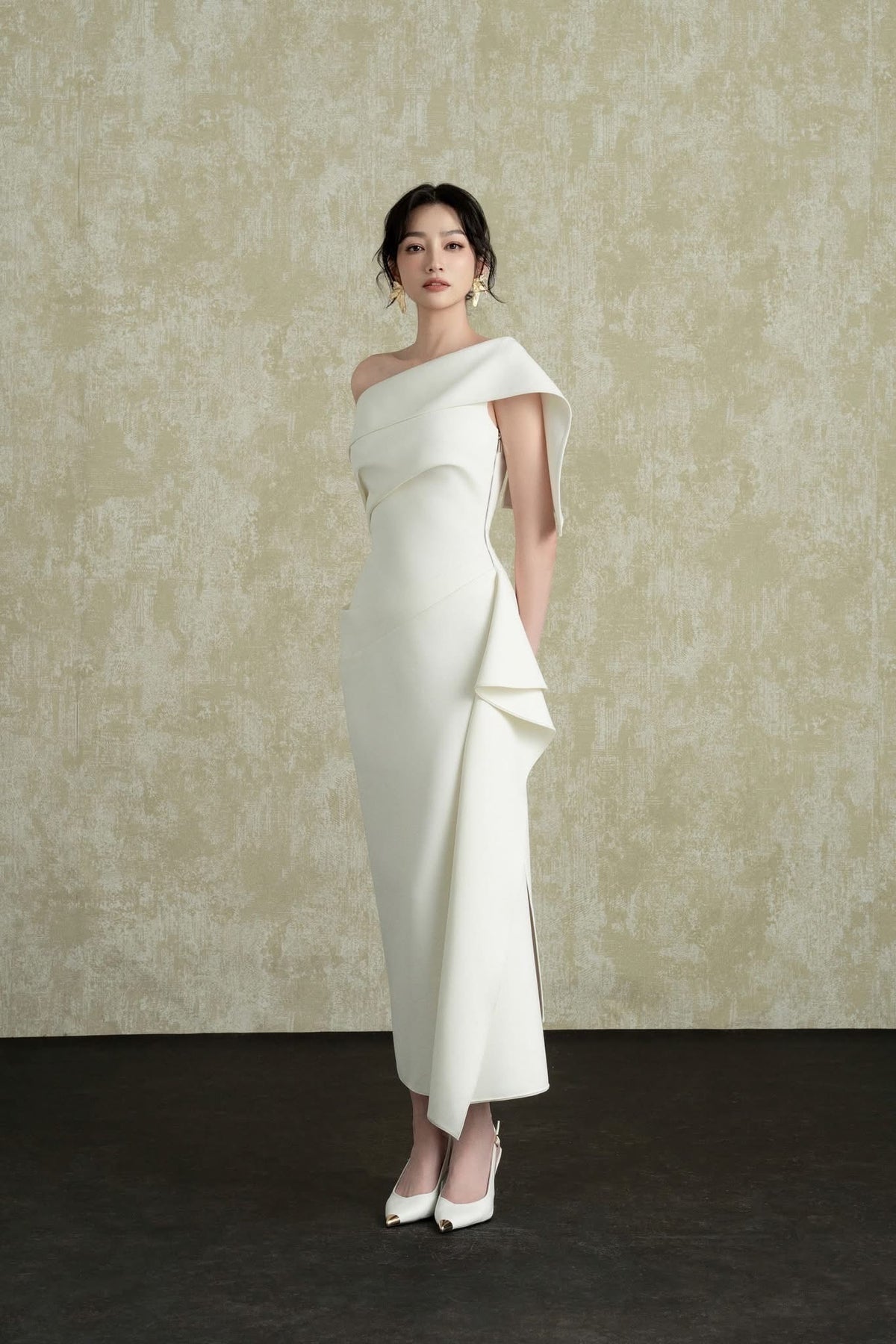 White Arene Asymmetric Midi Dress
