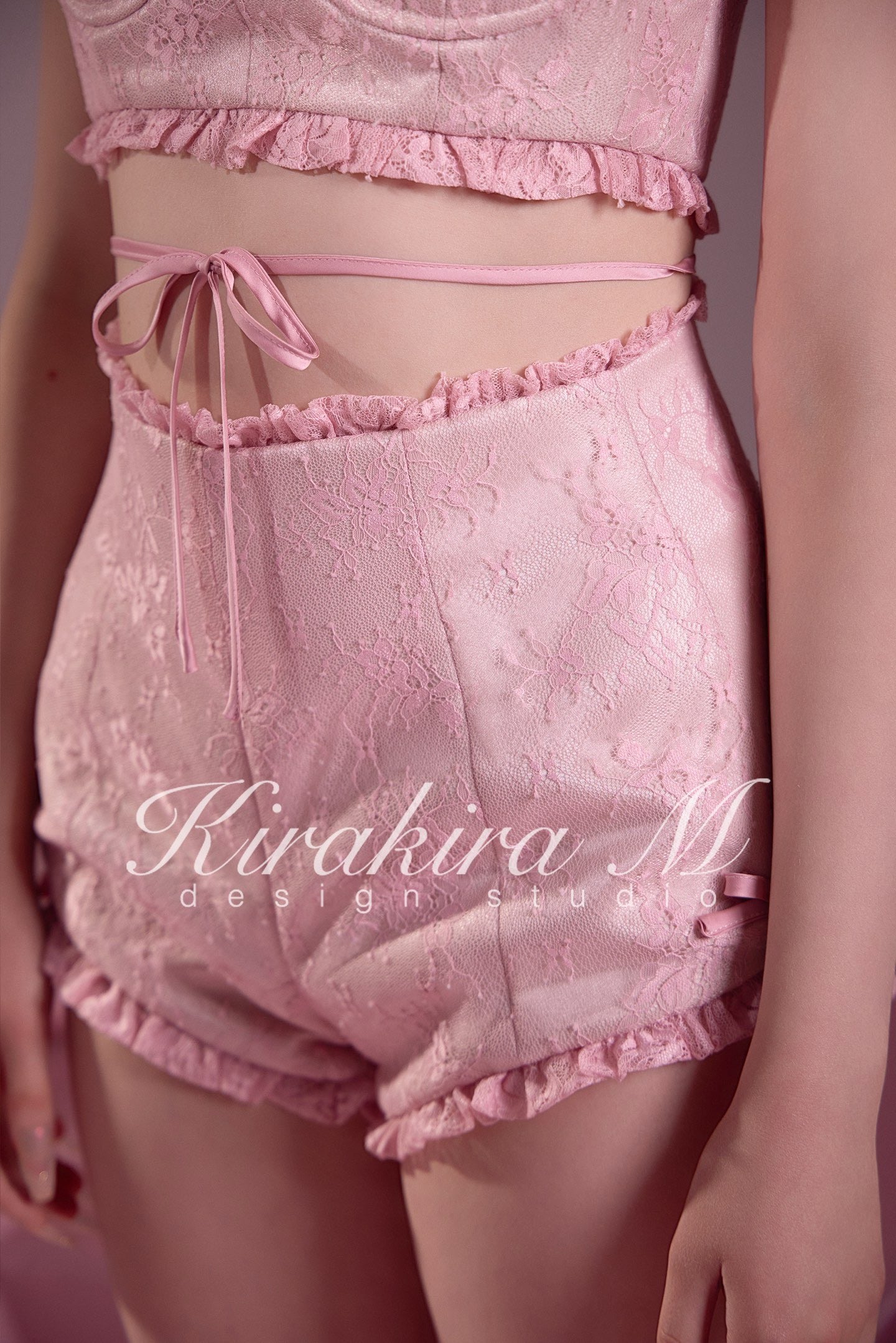 KIRAKIRA M Pink Lace-trimmed Top & High-waisted Shorts
