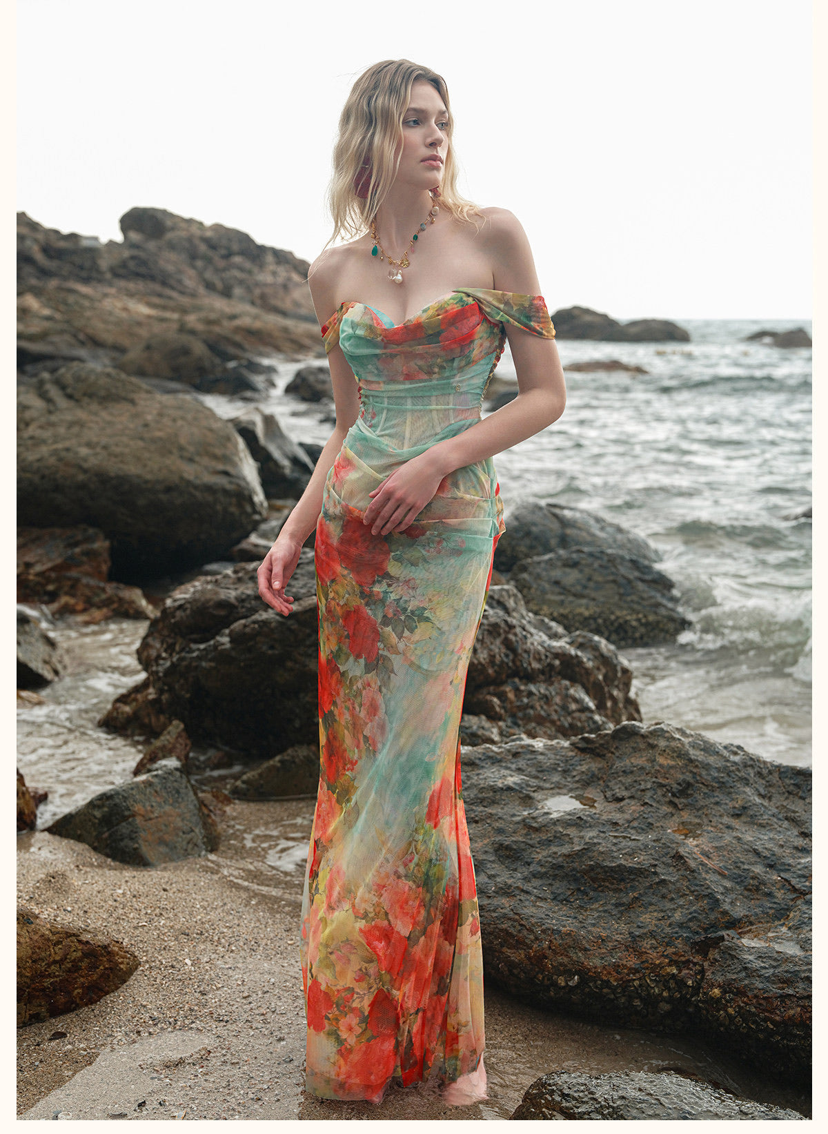 Multicolour Floral Off-Shoulder Corset Fishtail Maxi Dress