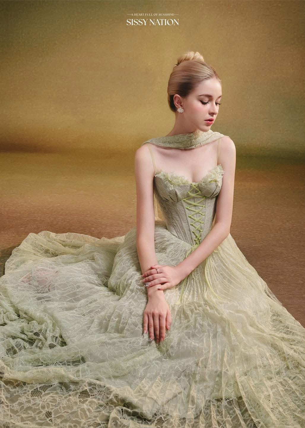 SISSY NATION Green Twilight Corset Pleated Maxi Dress