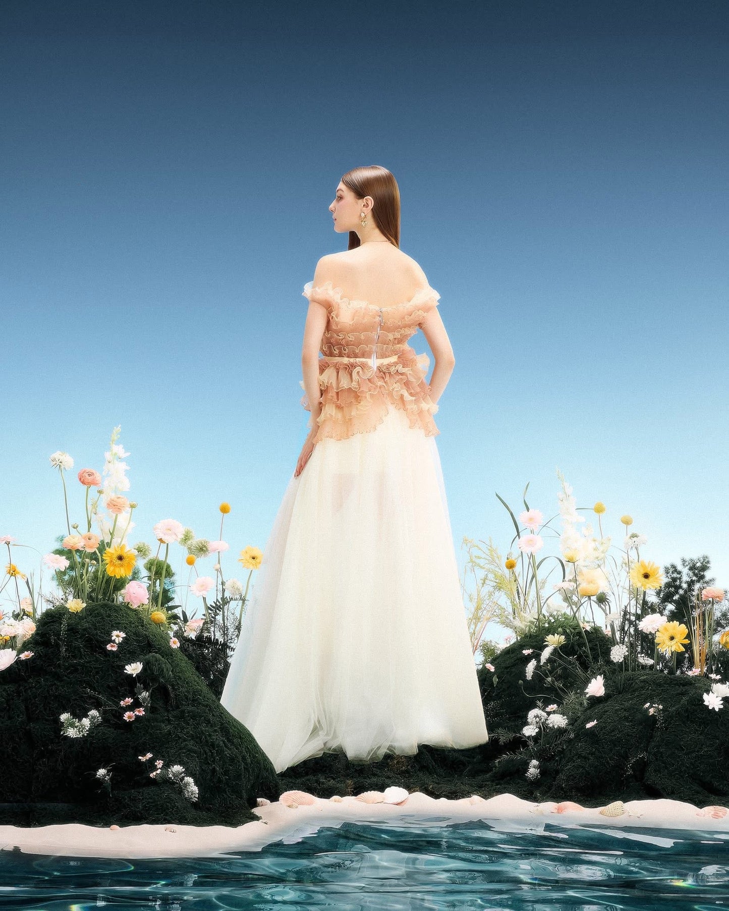LINH PHUNG Elegant Fairycore Nude Sable Maxi Dress