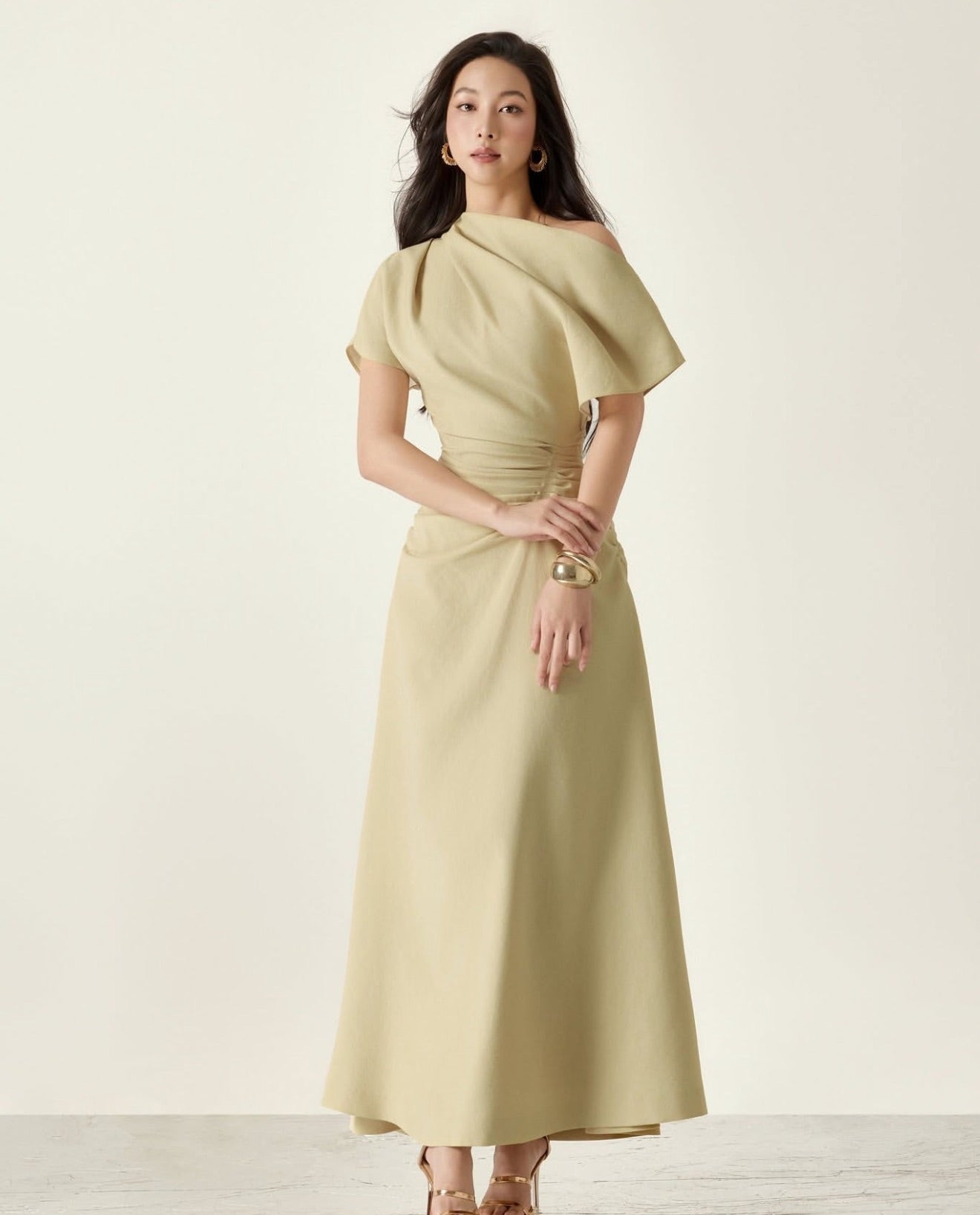 Nude Structured Draping Midi Dress