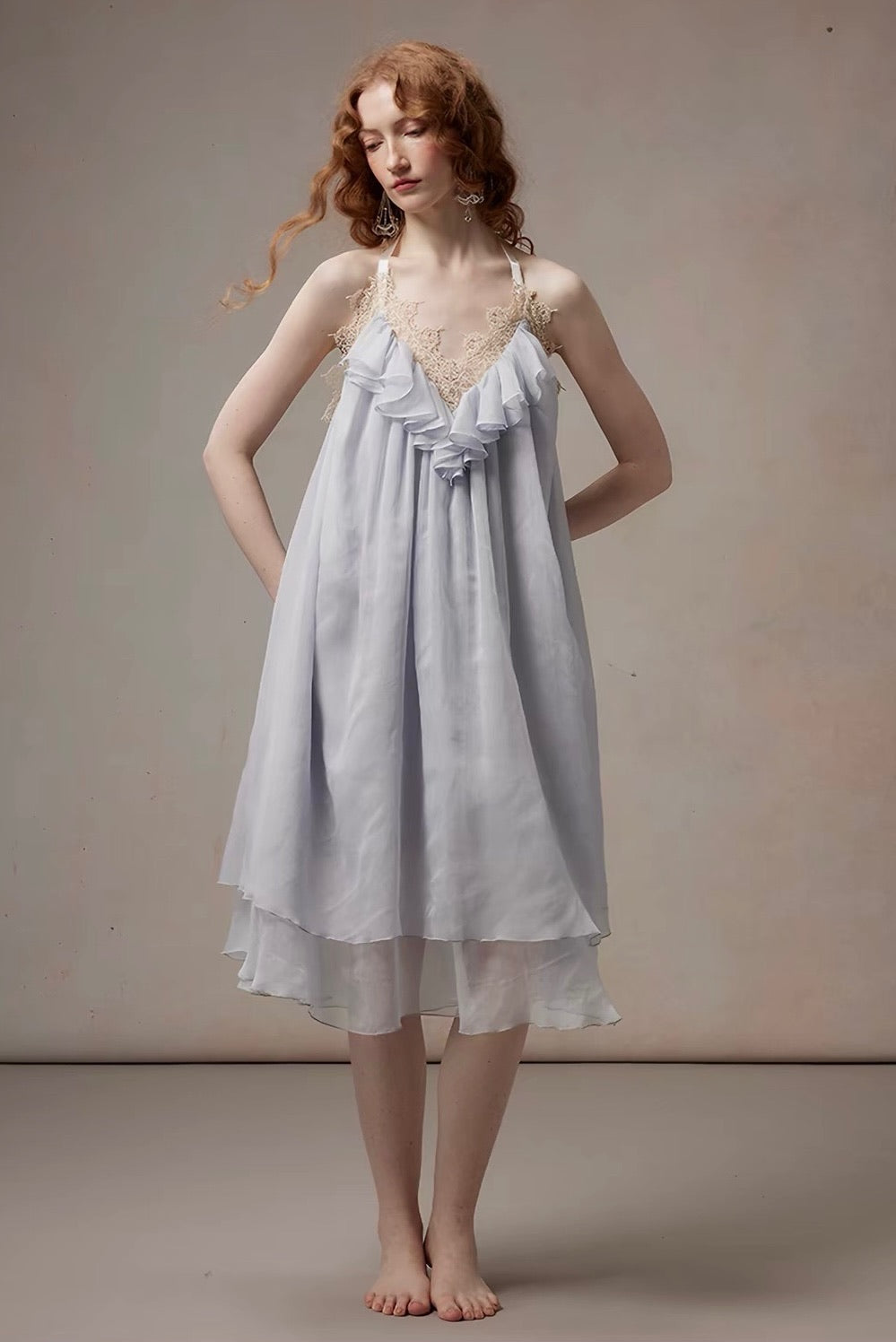 Blue Lace V-Neck Halter Double-Layer Chiffon Midi Dress