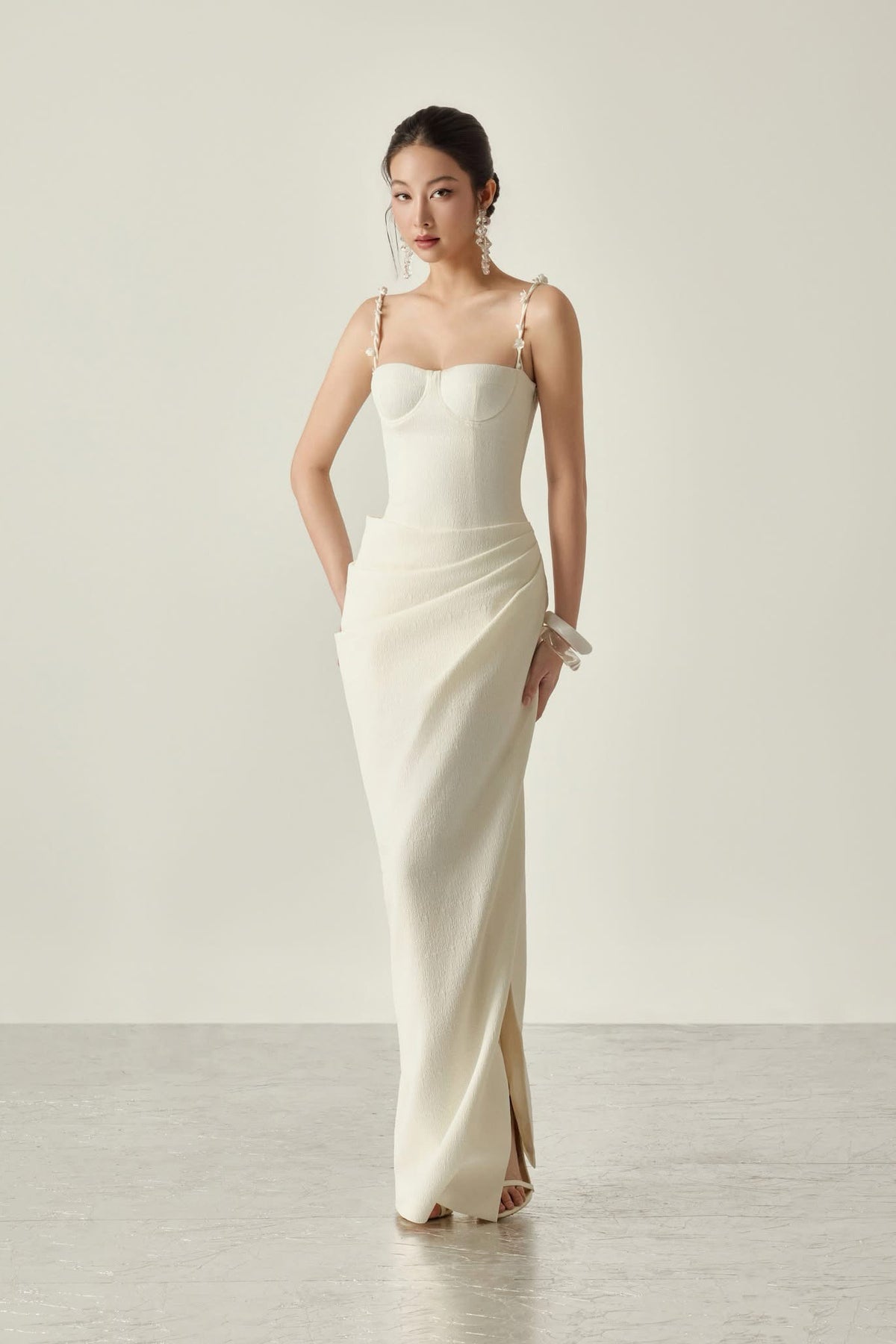 White Magnolia Side Slit Drapped Maxi Dress