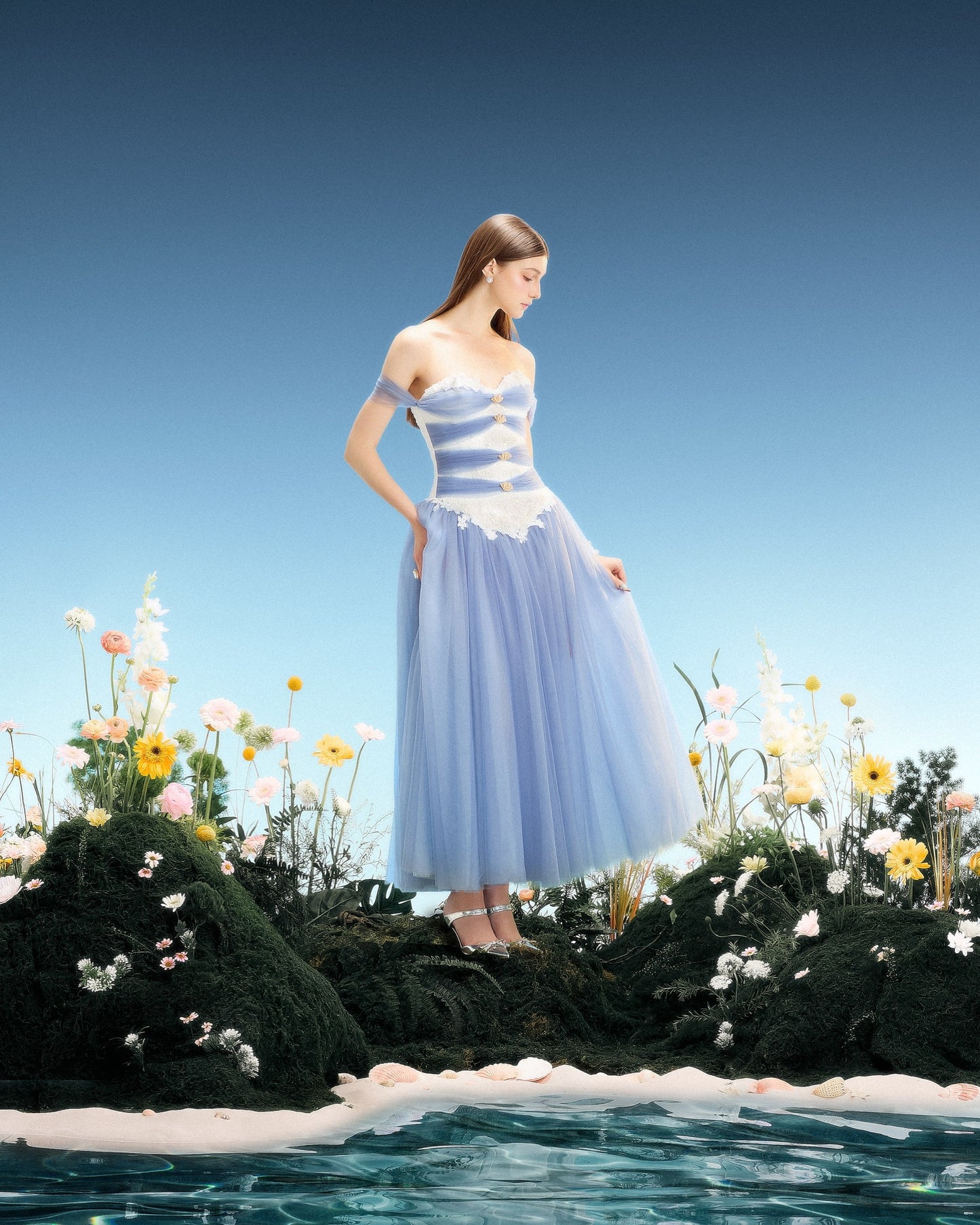 LINH PHUNG Elegant Fairycore Blue Mulusine Midi Dress
