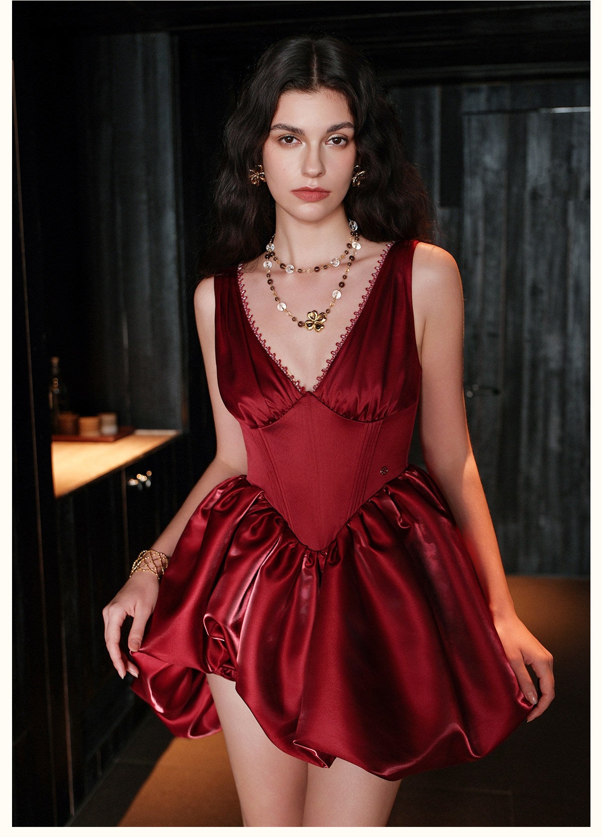 Red Satin Corset Asymmetric Bubble Hem Mini Dress