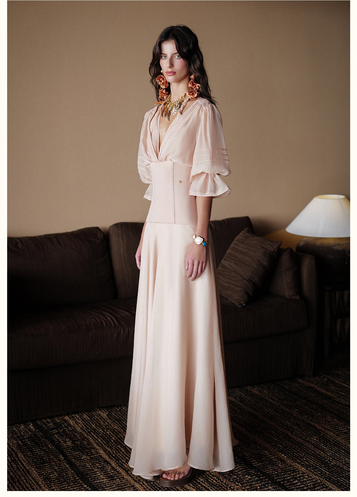 Sheerluck Elegant Vacation White Palazzo V-neck Maxi Dress