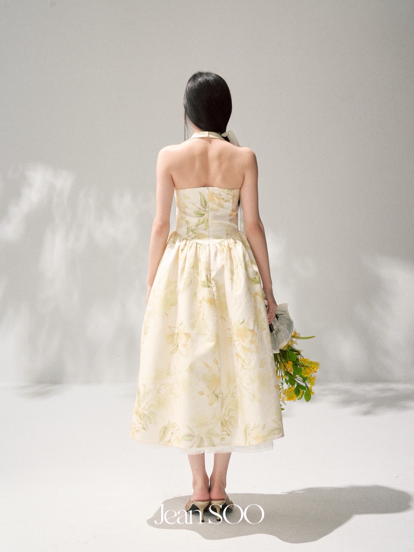 Yellow Ink Floral Halter Strapless Bow Swing Midi Dress