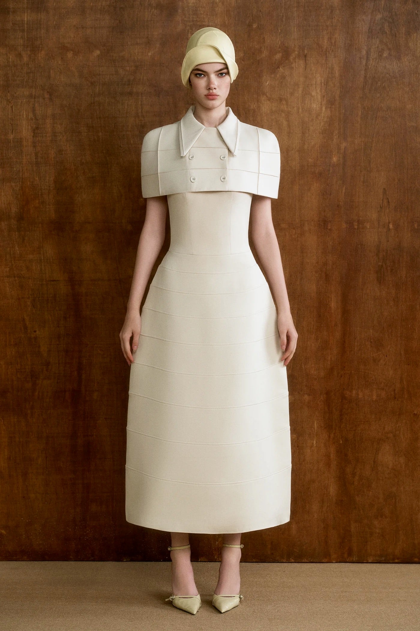 CICI Wite Elegant Vacation Ivoria With Cape Midi Dress