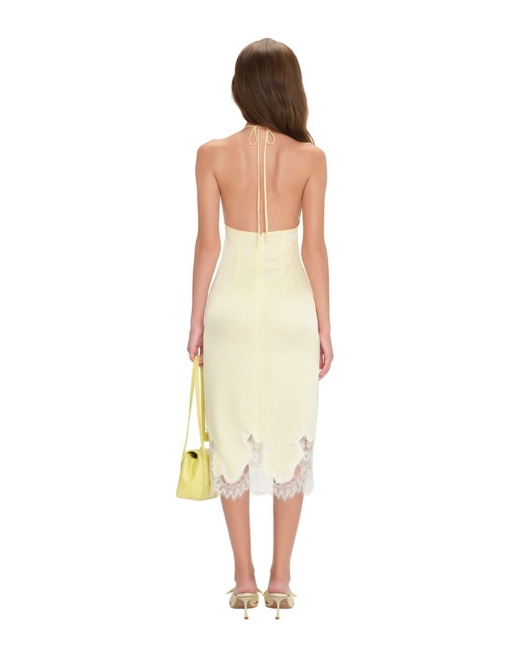 Yellow Halter Deep-V Satin Gelles Midi Dress