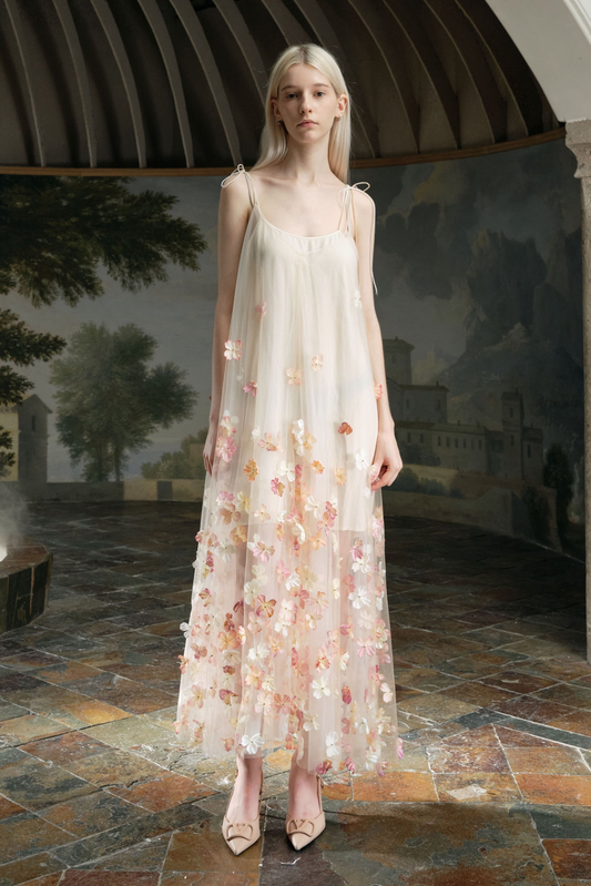 Cream 3D Floral Thin Tie Strap Tulle A‑Line Midi Dress