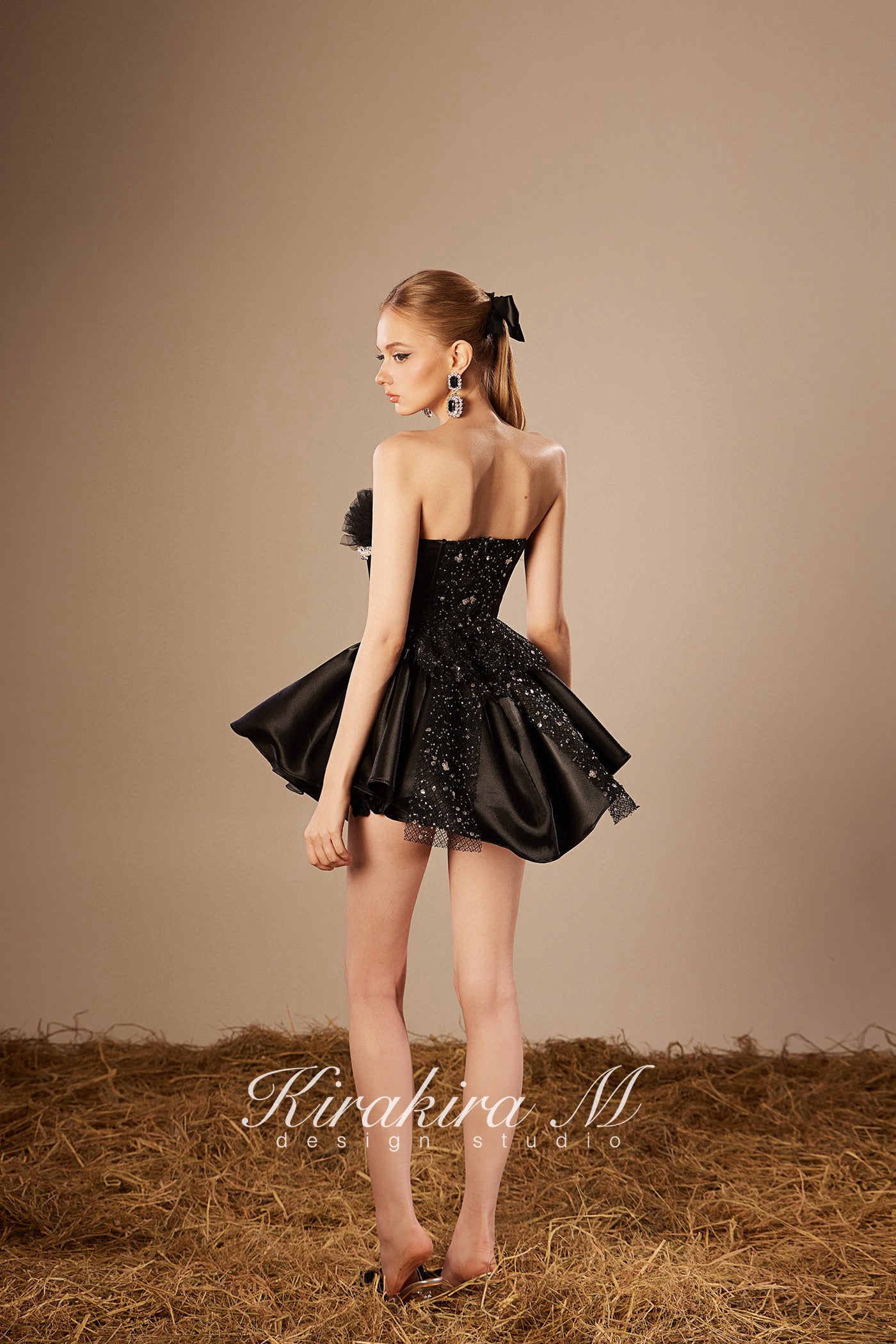 KIRAKIRA M Black Sheath Beaded Princess Mini Dress (Free Pumpkin Pants + Bow Hair Accessories)