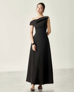 Black Charlotte Asymmetrical Flared Midi Dress
