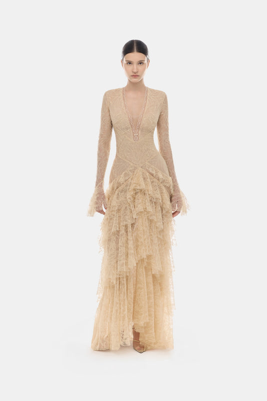 MONTSAND Nude Vacation Elegant Lace V-neck Maxi Dress