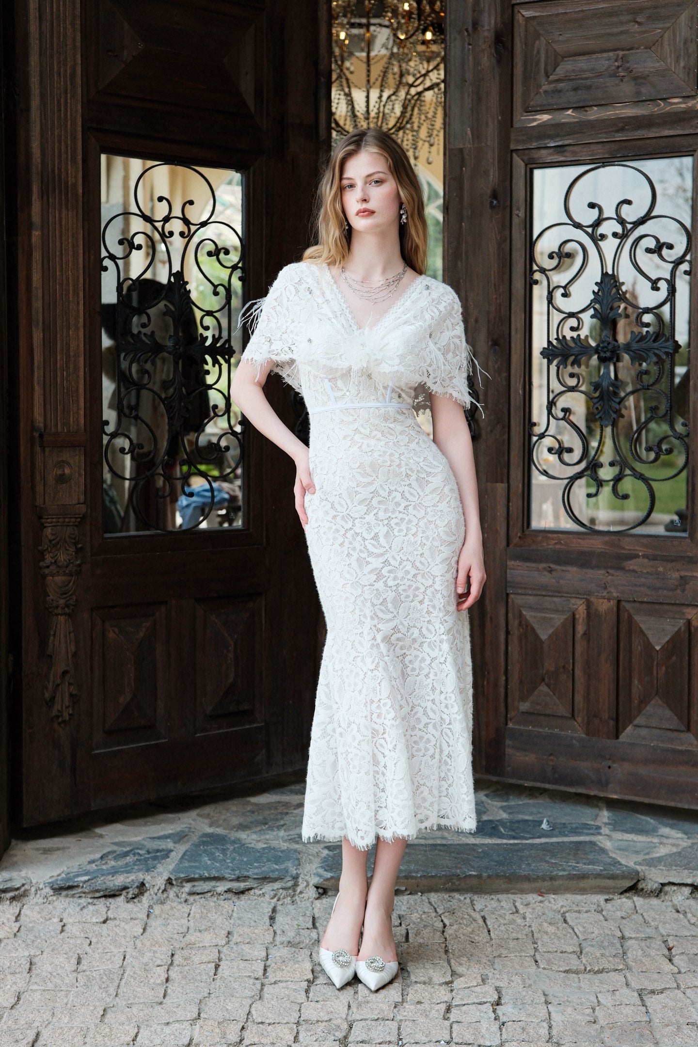 SHEERLUCK Pink V-Neck Lace Shawl-Trimmed Strapless Maxi Dress