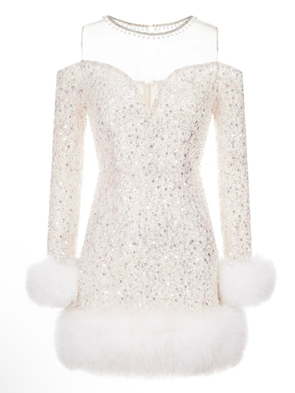 WARDROBE BY CHEN Light Pink Sequin Fox Fur mini Dress (Fox Fur)