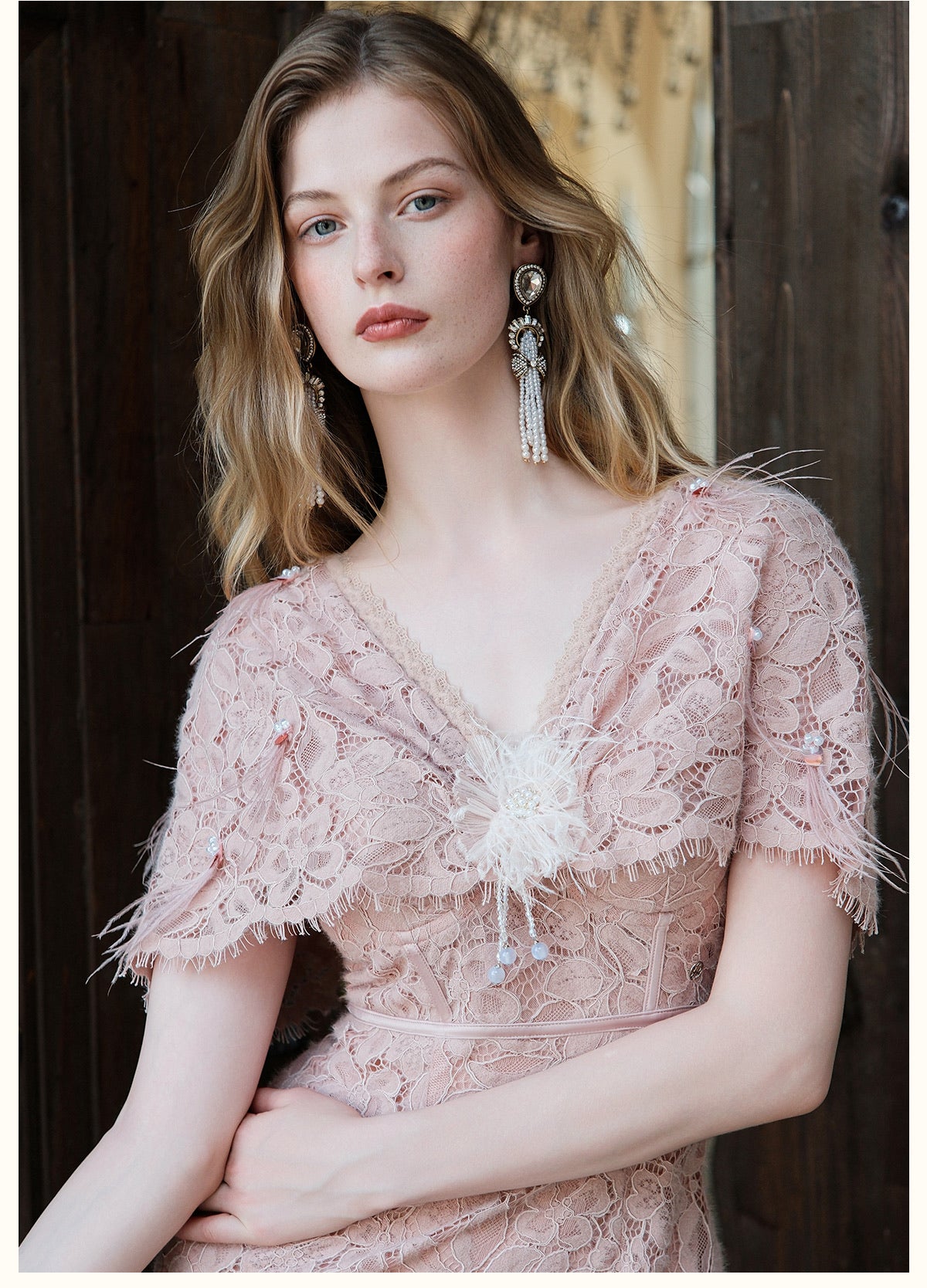 SHEERLUCK Pink V-Neck Lace Shawl-Trimmed Strapless Maxi Dress