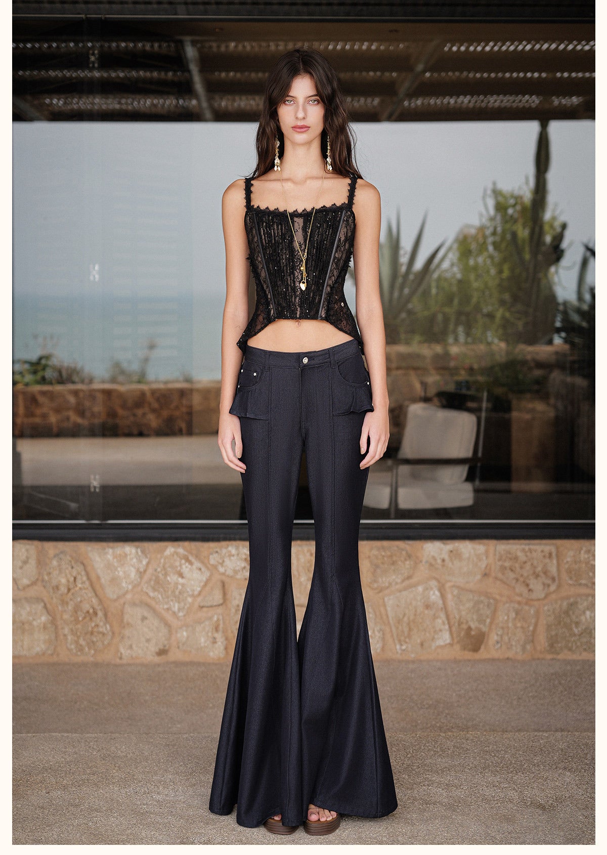 Black Lace Sheer Boned Corset Crop Top