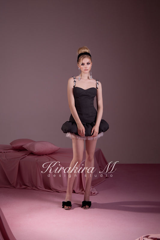 KIRAKIRA M Black Knitted Bouquet Strapless Mini Dress