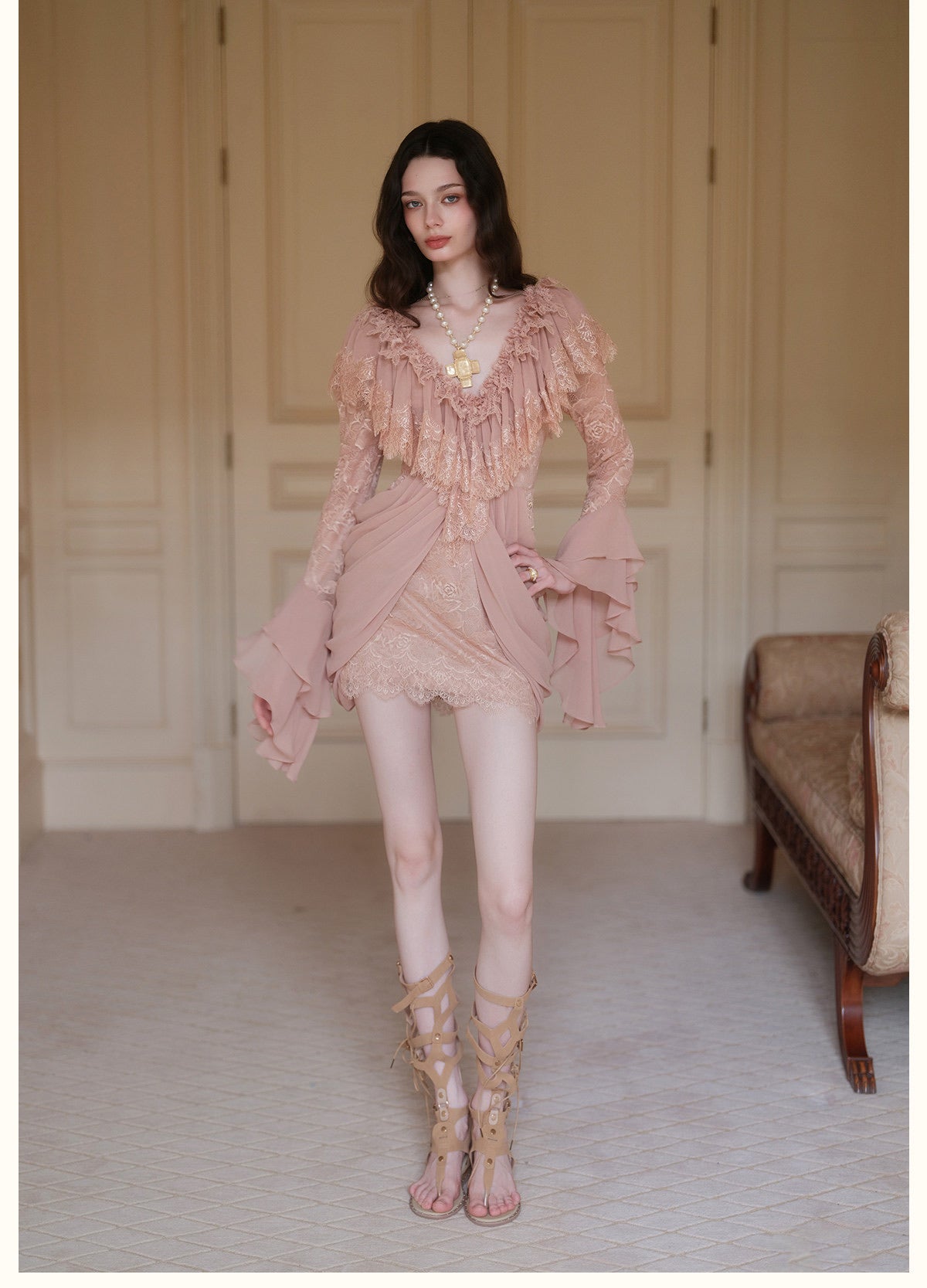Cream V-Neck Lace Ruffle Long-Sleeve Mini Dress