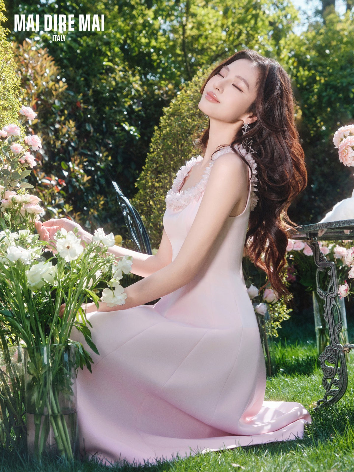 Pink Square Neck Lace Midi Dress