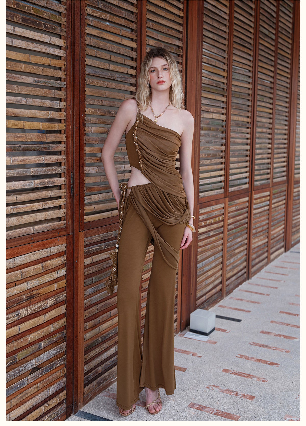 Sheerluck Elegant Vacation Nude Drapella Lace-Braided Pleated Top & Flared Pants Set