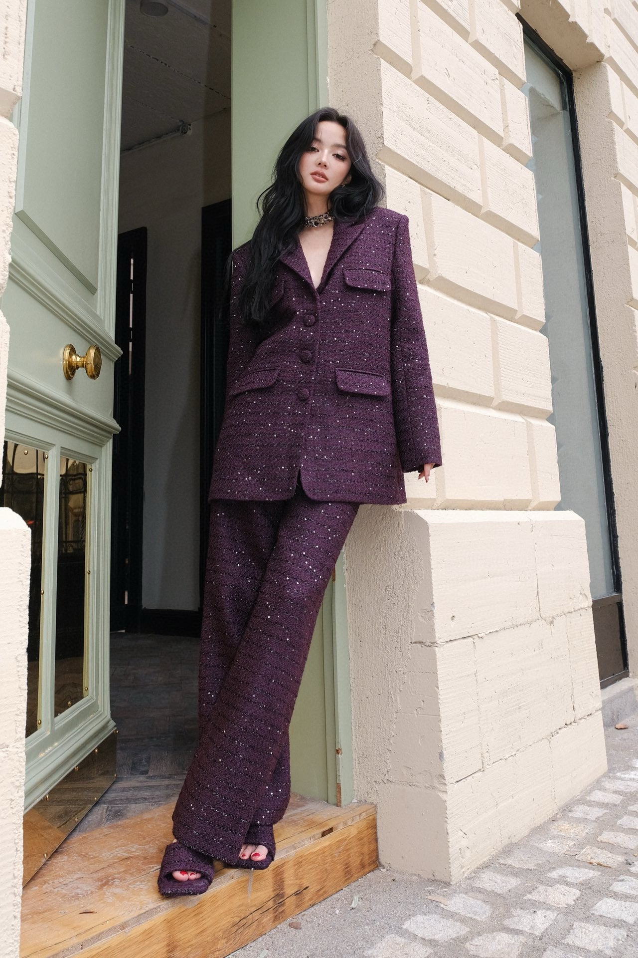 Maison Wester Purple Brown Sequined Chambray Jacket Pants