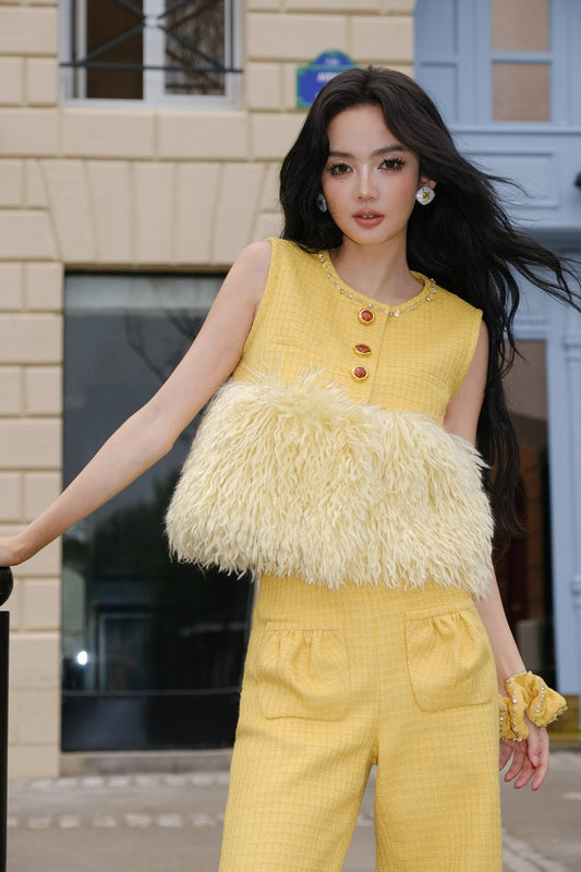 Maison Wester Yellow Tweed Feather Top Trousers