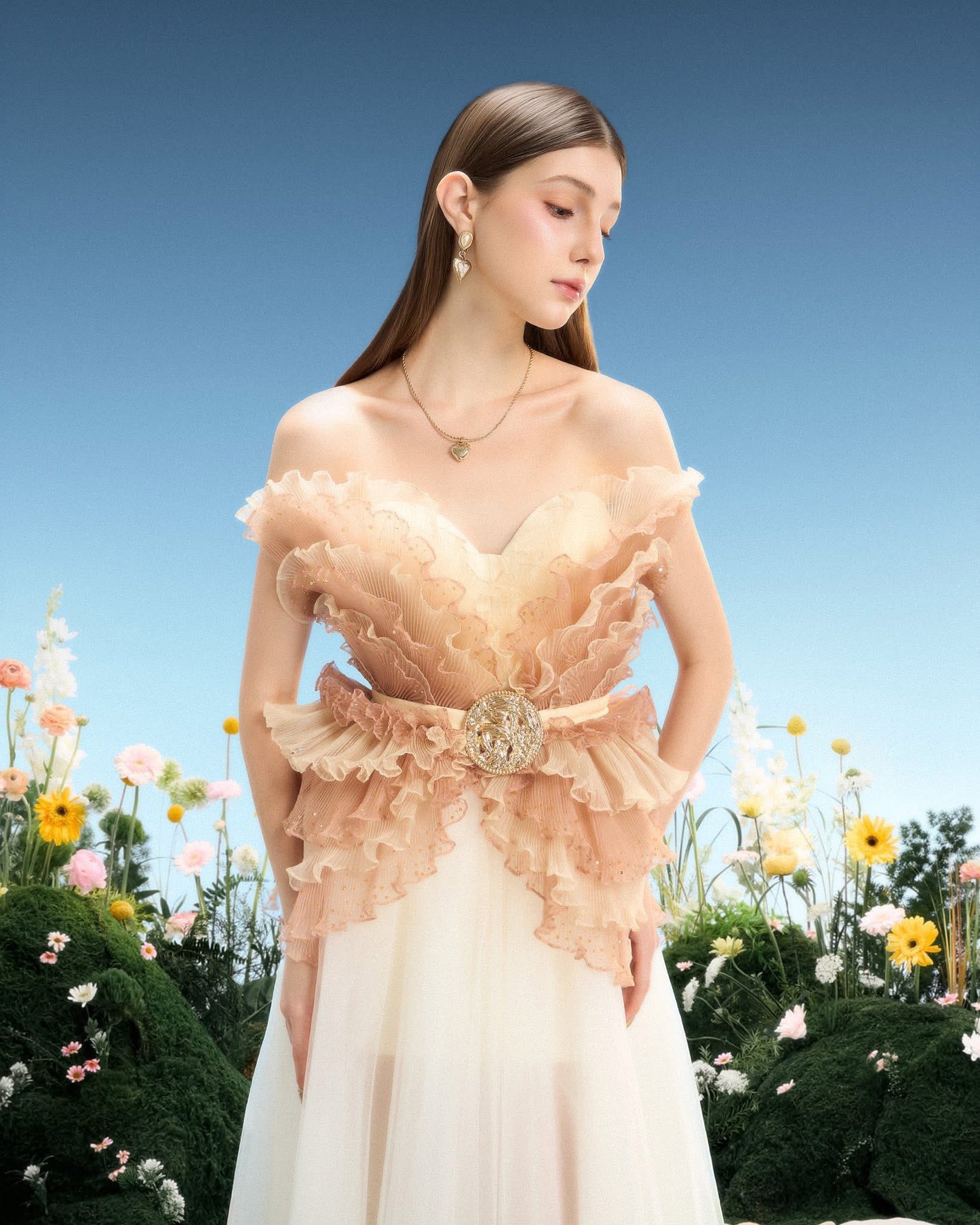 LINH PHUNG Elegant Fairycore Nude Sable Maxi Dress