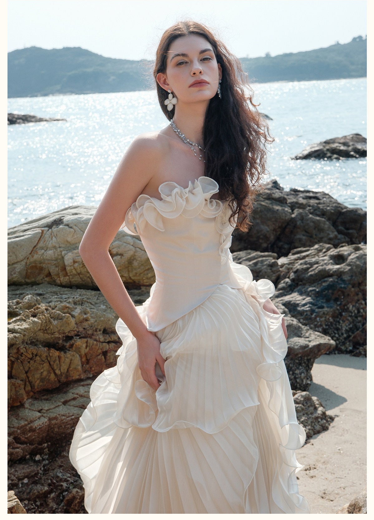 SHEERLUCK Sweet Vacation Pink Venetian Pleated Subtle Pearl-Effect Shimmer Maxi Dress