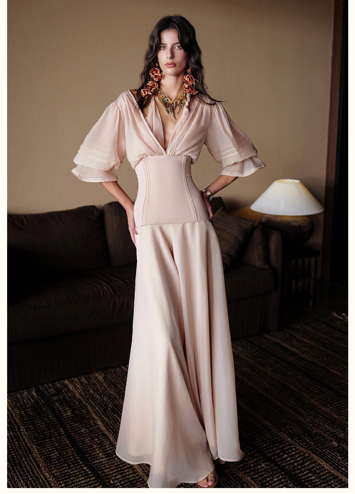 Sheerluck Elegant Vacation White Palazzo V-neck Maxi Dress