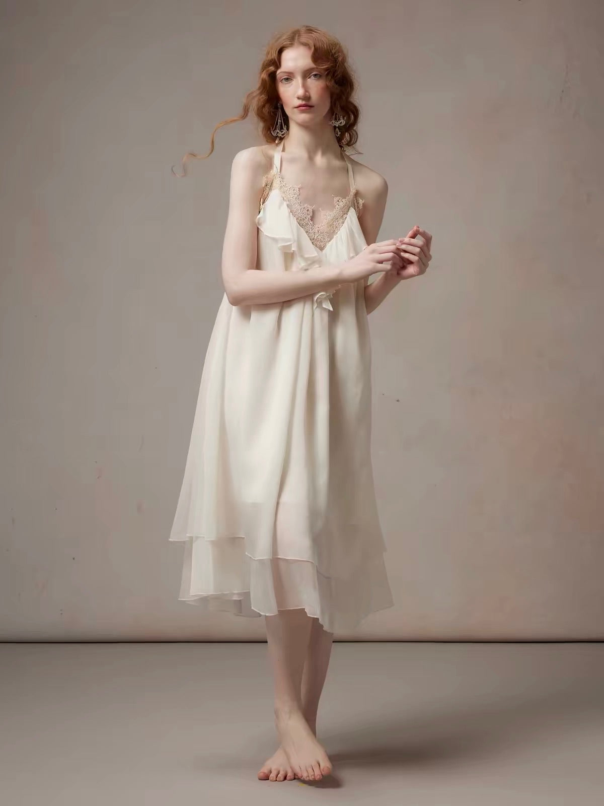 White Lace V-Neck Halter Double-Layer Chiffon Midi Dress
