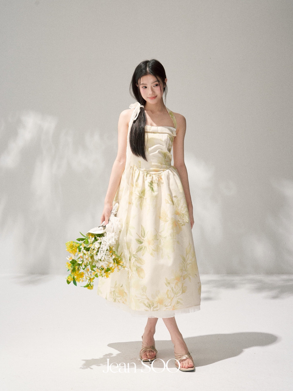 Yellow Ink Floral Halter Strapless Bow Swing Midi Dress