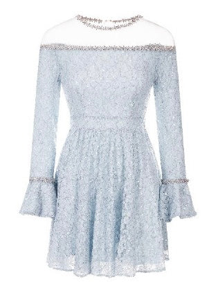 WARDROBE BY CHEN Blue Lace Embroidered Sequin Diamond Chain mini Dress