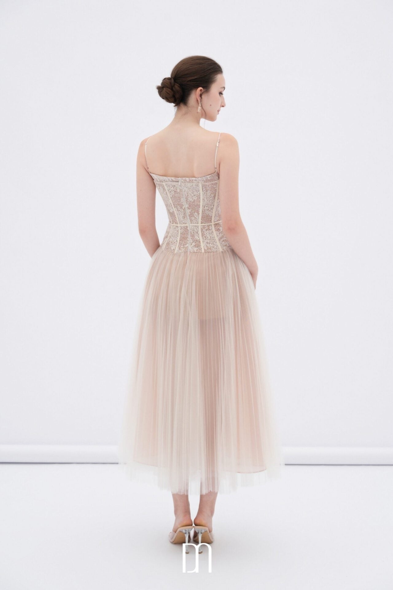 DENIOVN Elegant Fairycore Cream Alizea Corset Tulle Midi Dress