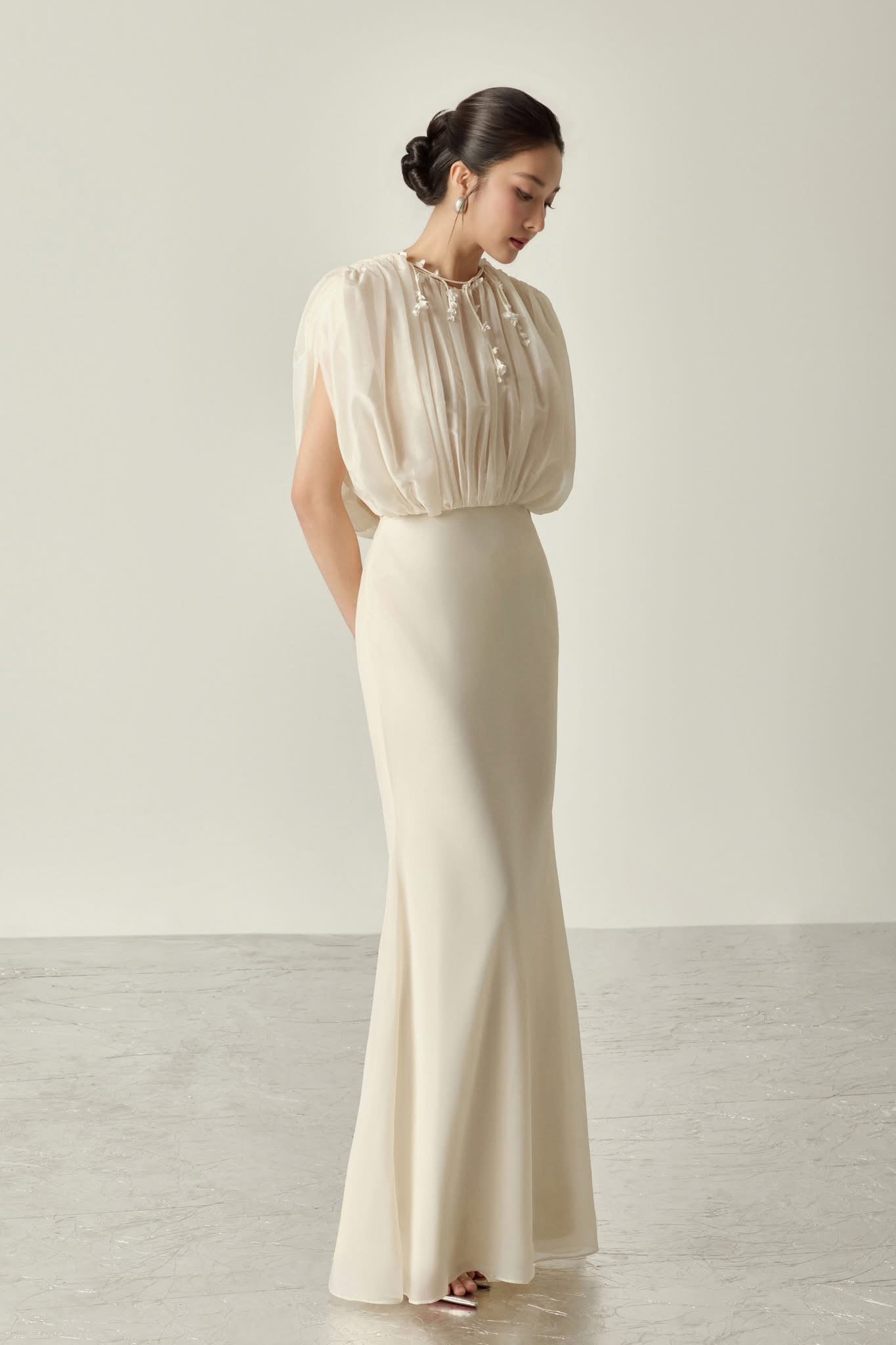 White Clio Sheer Ruched Maxi Dress
