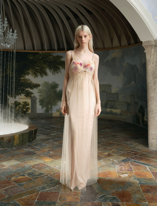 Nude 3D Floral Thin Strap Flowing Tulle Maxi Dress
