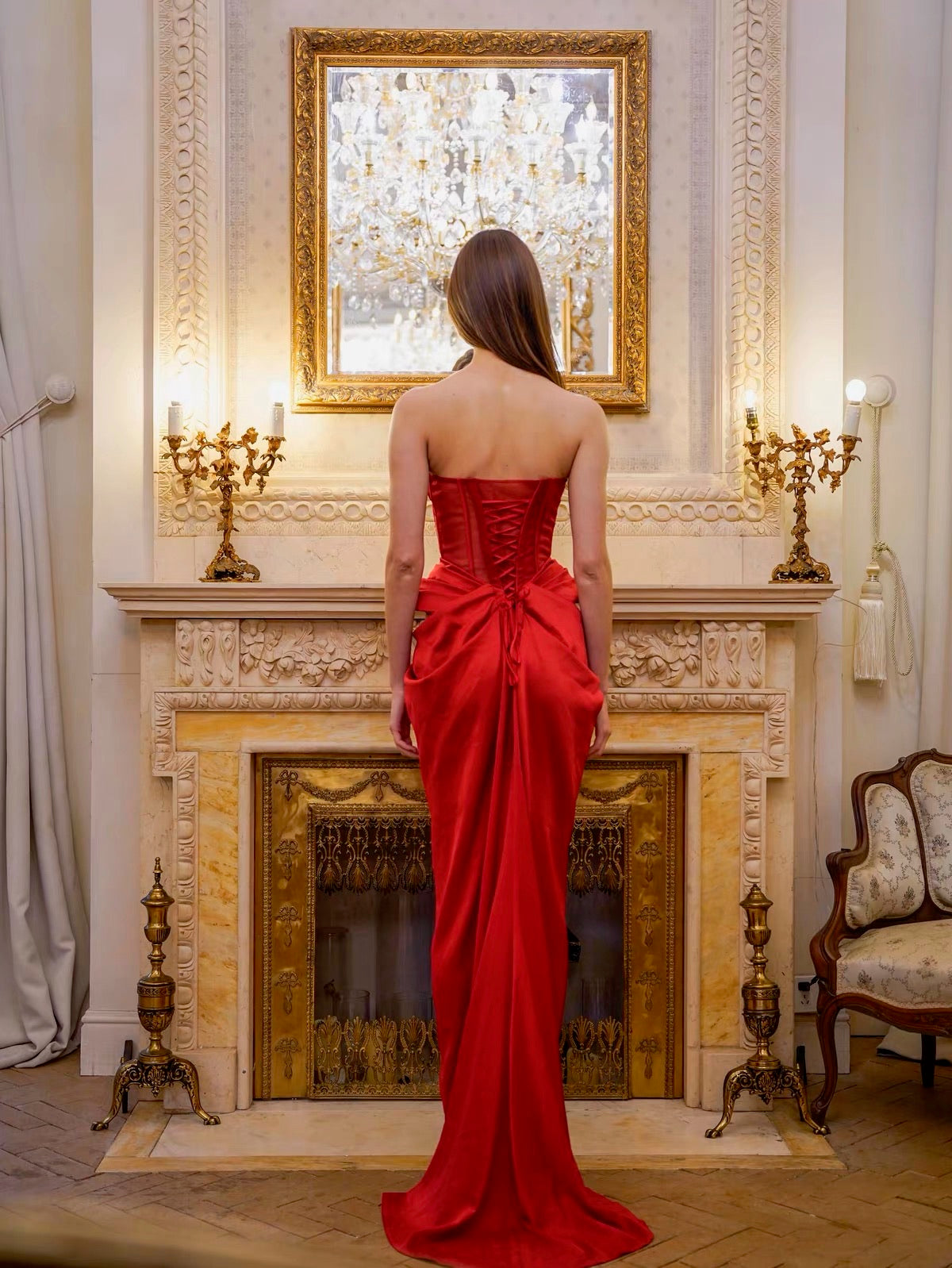 Red Strapless Corset Satin Slit Midi Dress