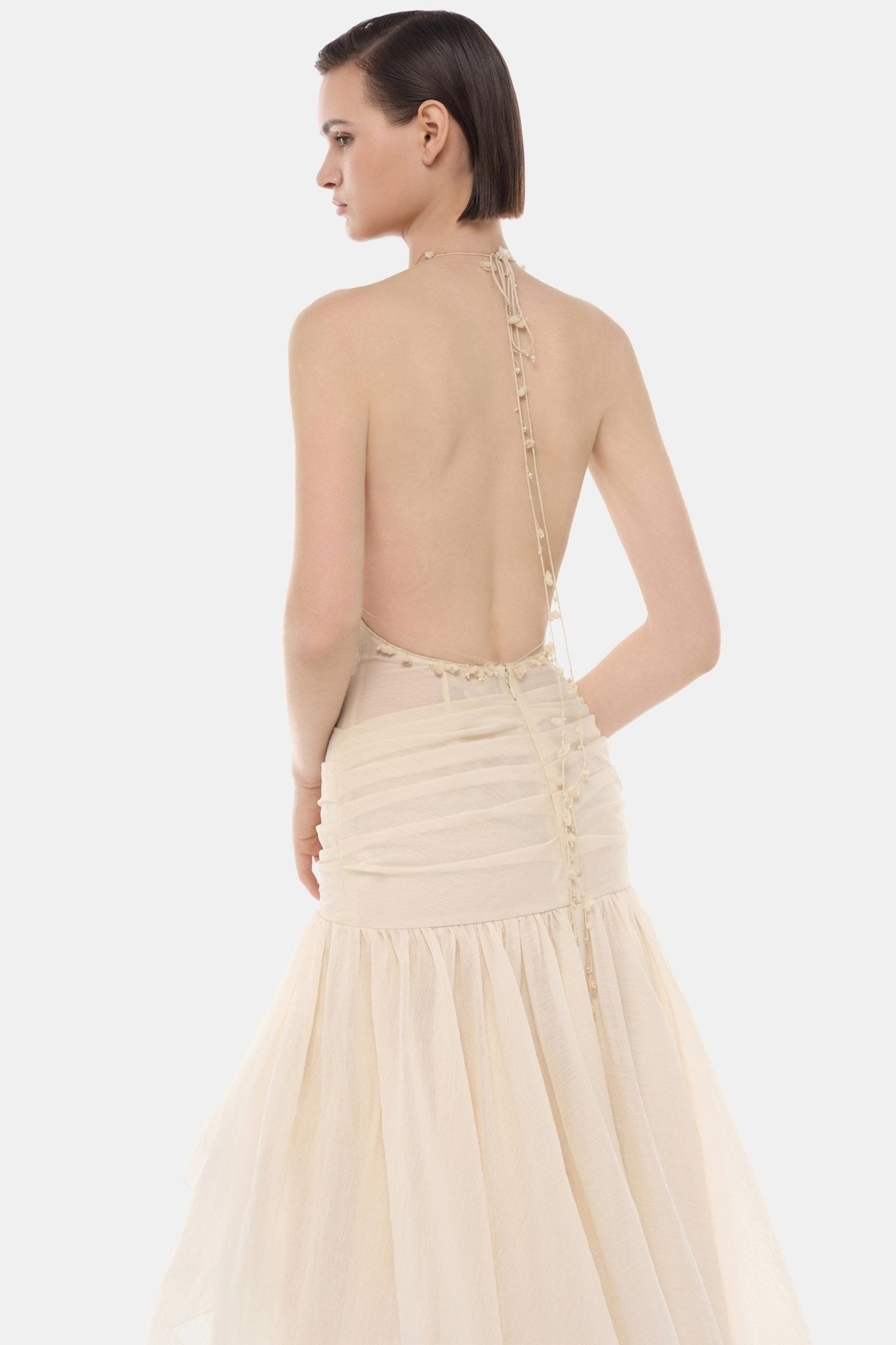 MONTSAND Cream Vacation Elegant Cut-out Halter Maxi Dress