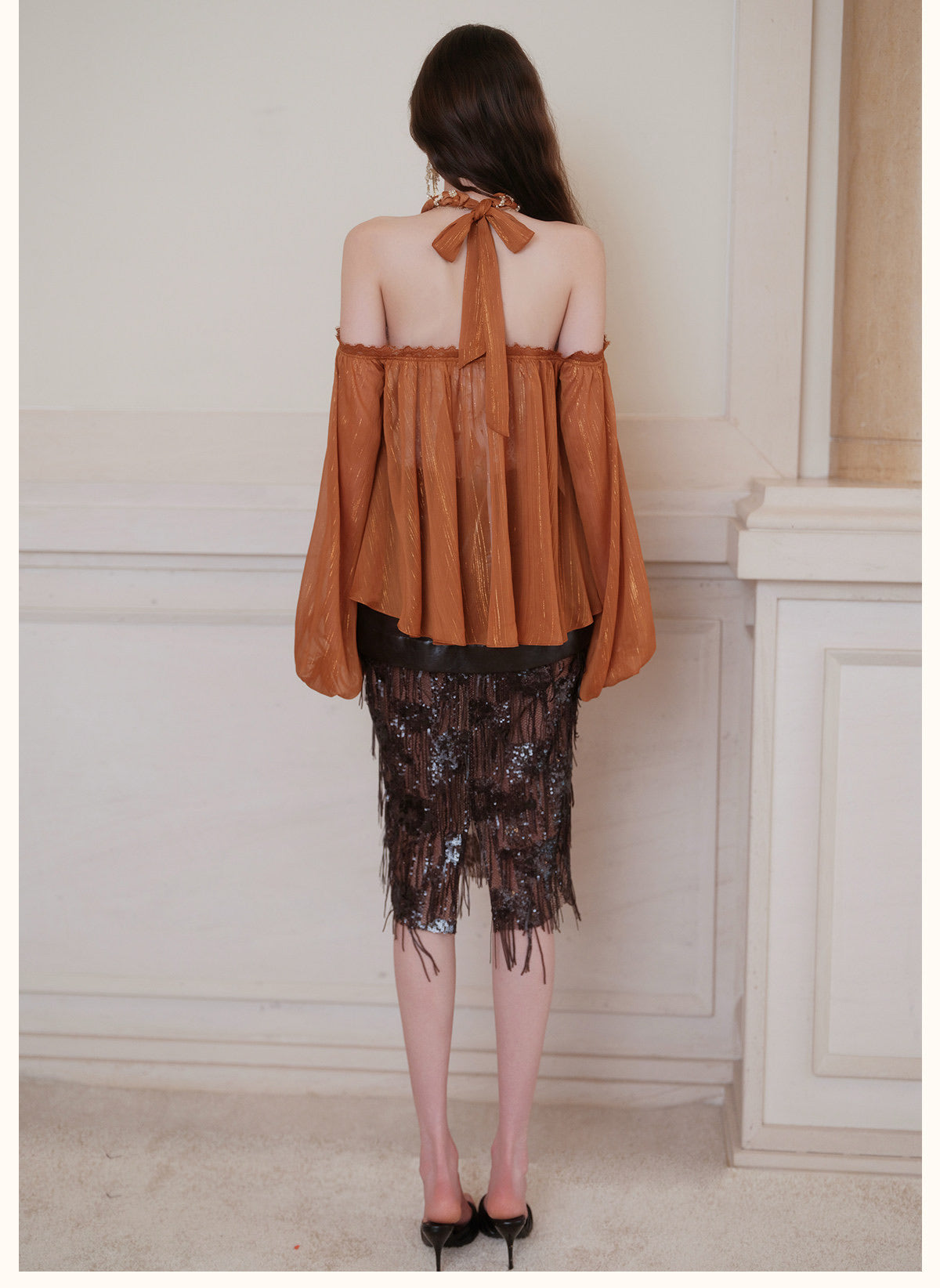 Cream Halter Off-Shoulder Lantern-Sleeve Metallic Shirt