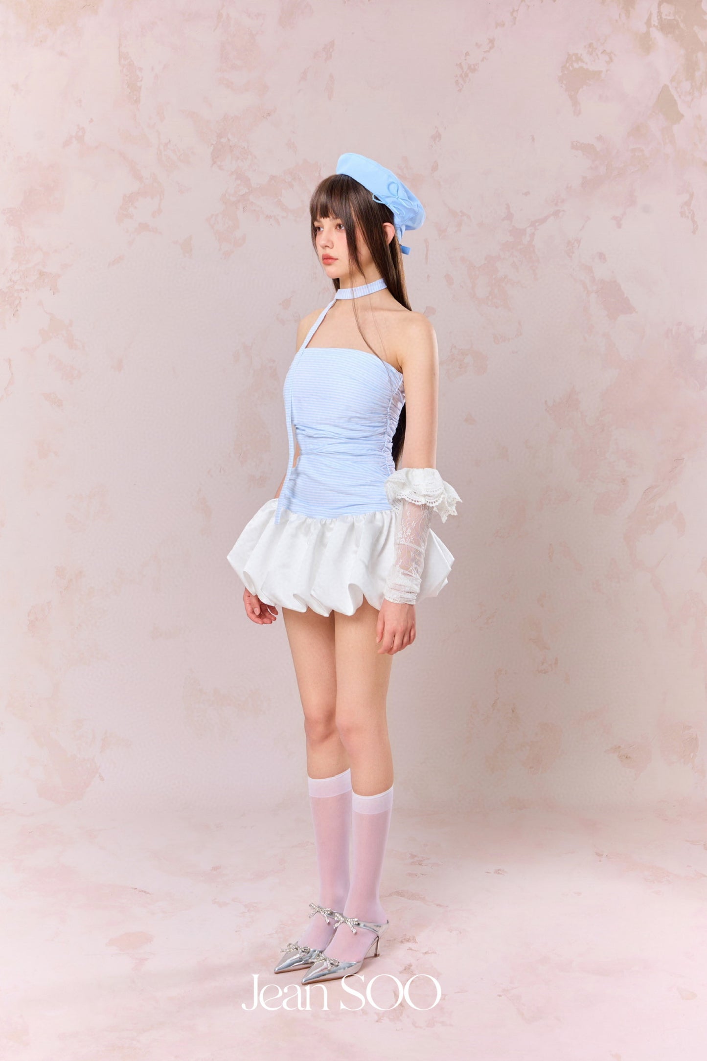 JEAN SOO Blue Drawstring Ruffle Pod Mini Dress
